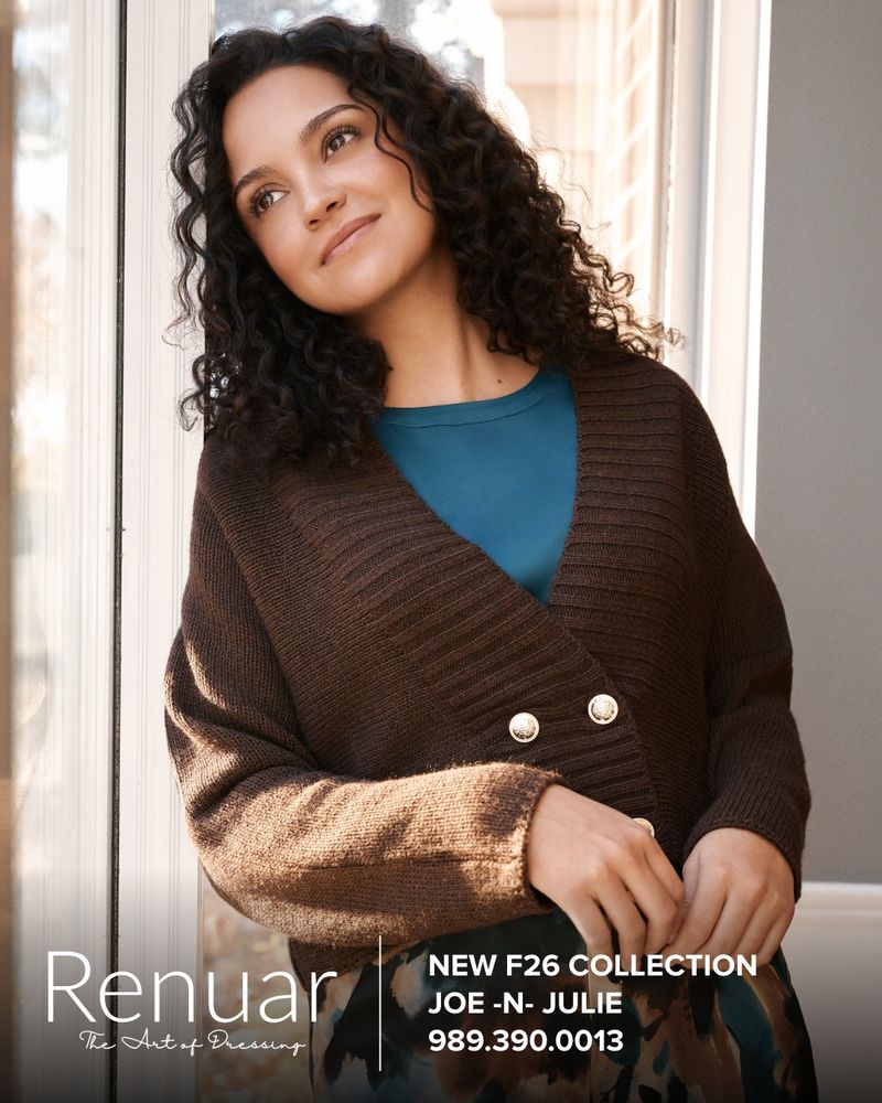 Renuar — chocolate wrap cardigan with gold buttons