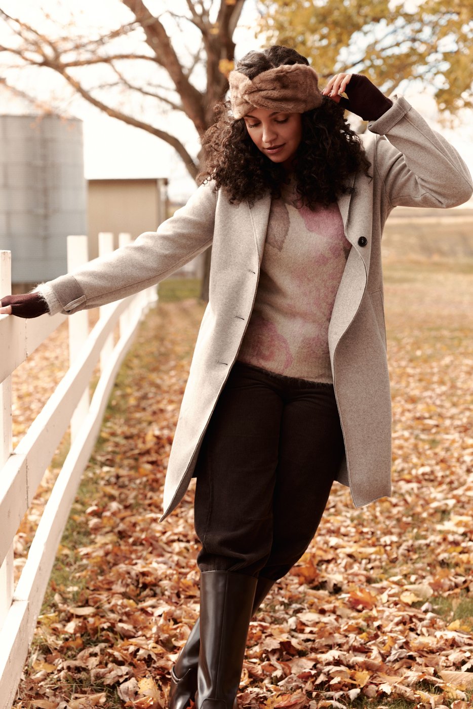 Gray coat over print top